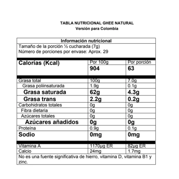 Tabla Nutricional Mantequilla Ghee 420g